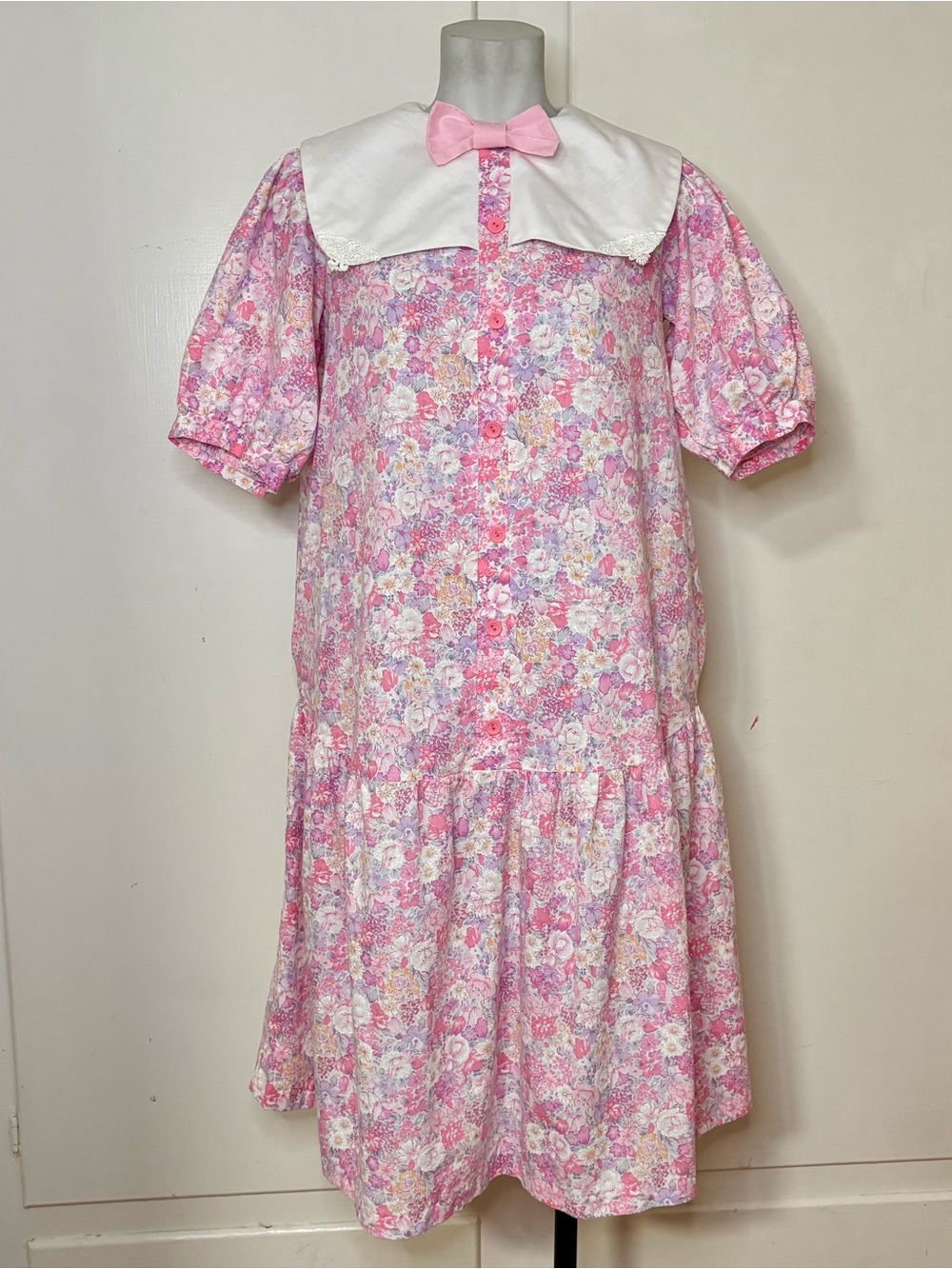 Vintage 80s Take Nine Maternity Pink Floral Print Cottagecore Collared Dress